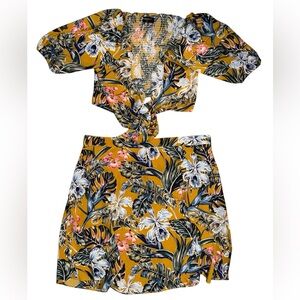 Rebdolls Mustard Floral Tie-Front Skirt Set